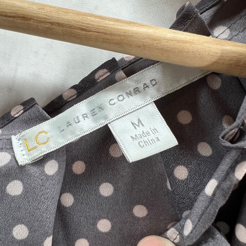 LC Lauren Conrad MEDIUM Gray Brown Polka Dot Pleated Bow Chiffon Top Blouse - Picture 7 of 9